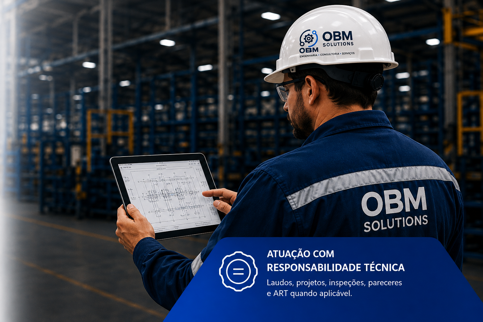 Engenheiro em ambiente industrial analisando projeto técnico
